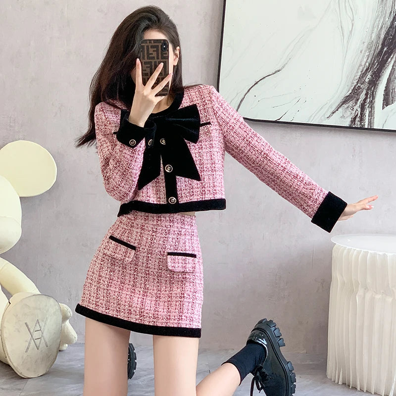 Two Piece Pink Plaid Bow Coat and Mini Skirt for Women