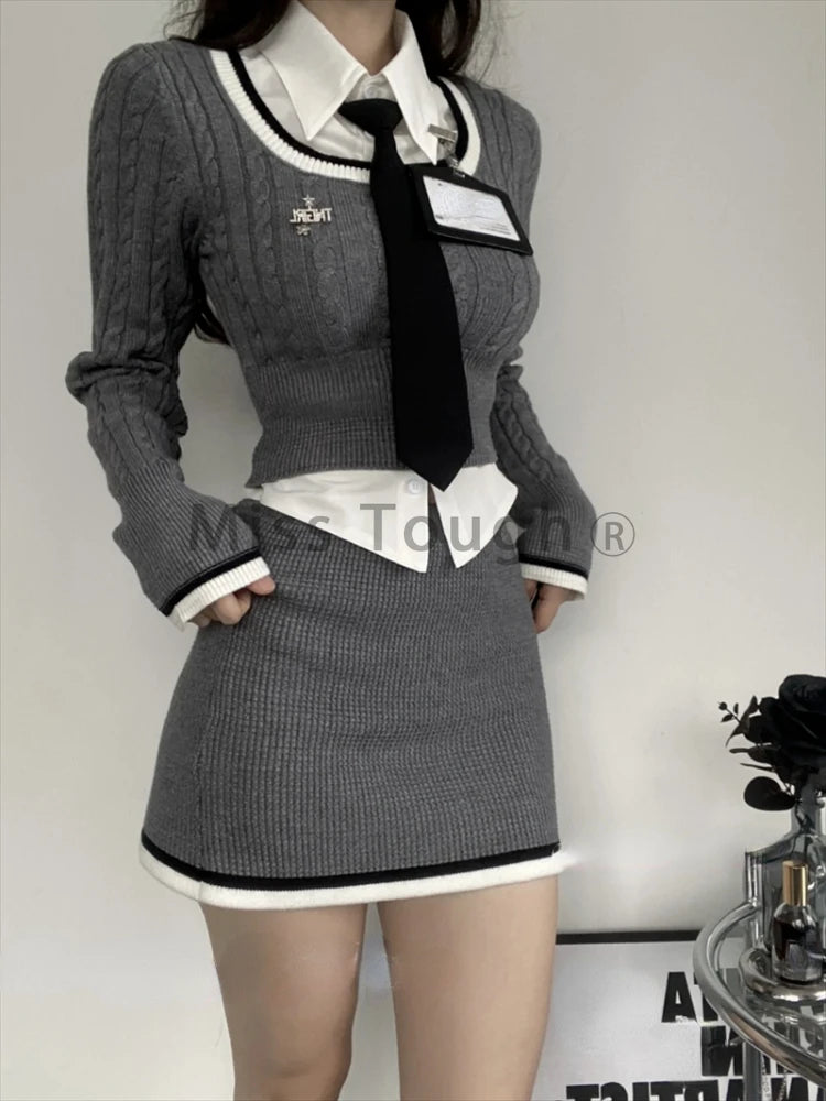 Korean Knitted Vintage Gray Coordinates for Women