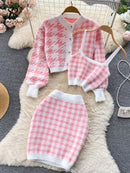 Fashion Plaid Knitted Three Pieces Set for Women