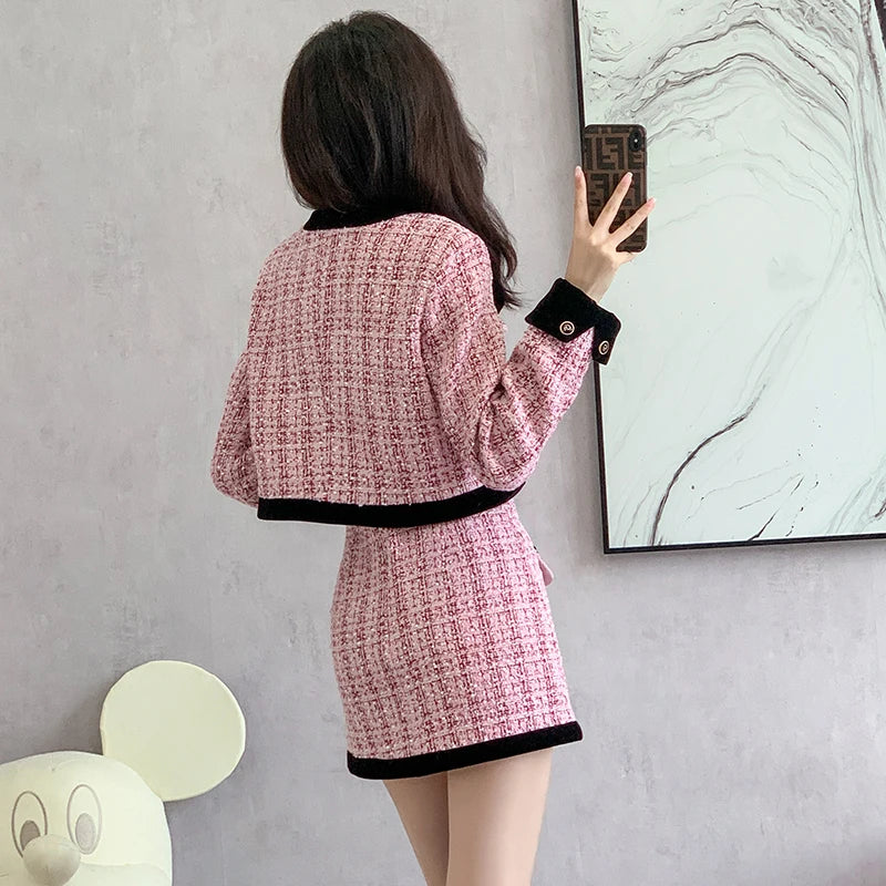 Two Piece Pink Plaid Bow Coat and Mini Skirt for Women
