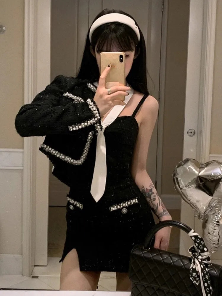 Korean Black Elegant Vintage Dress and Coat for Women