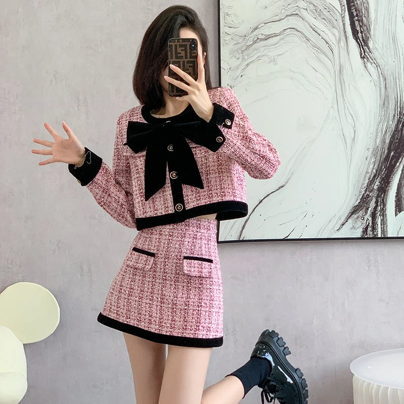 Two Piece Pink Plaid Bow Coat and Mini Skirt for Women