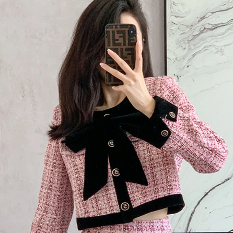 Two Piece Pink Plaid Bow Coat and Mini Skirt for Women