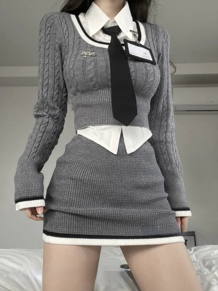 Korean Knitted Vintage Gray Coordinates for Women