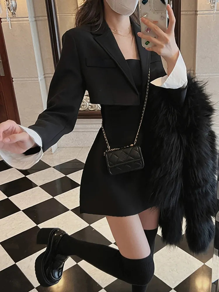 Korean Formal Coat and Strap Dress for Women