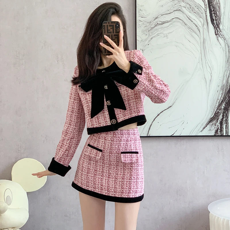 Two Piece Pink Plaid Bow Coat and Mini Skirt for Women