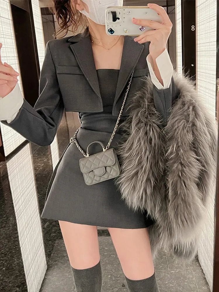 Korean Formal Coat and Strap Dress for Women
