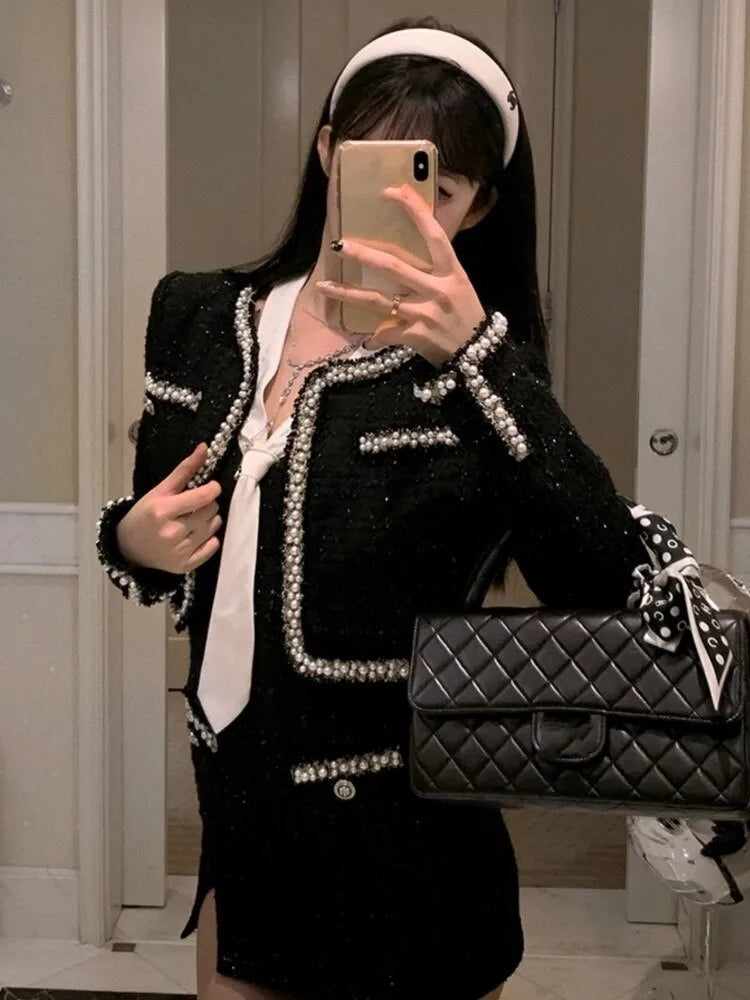 Korean Black Elegant Vintage Dress and Coat for Women