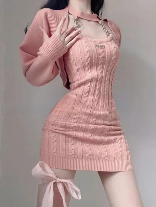 Korean Mini Pink Dress and Cardigan for Women